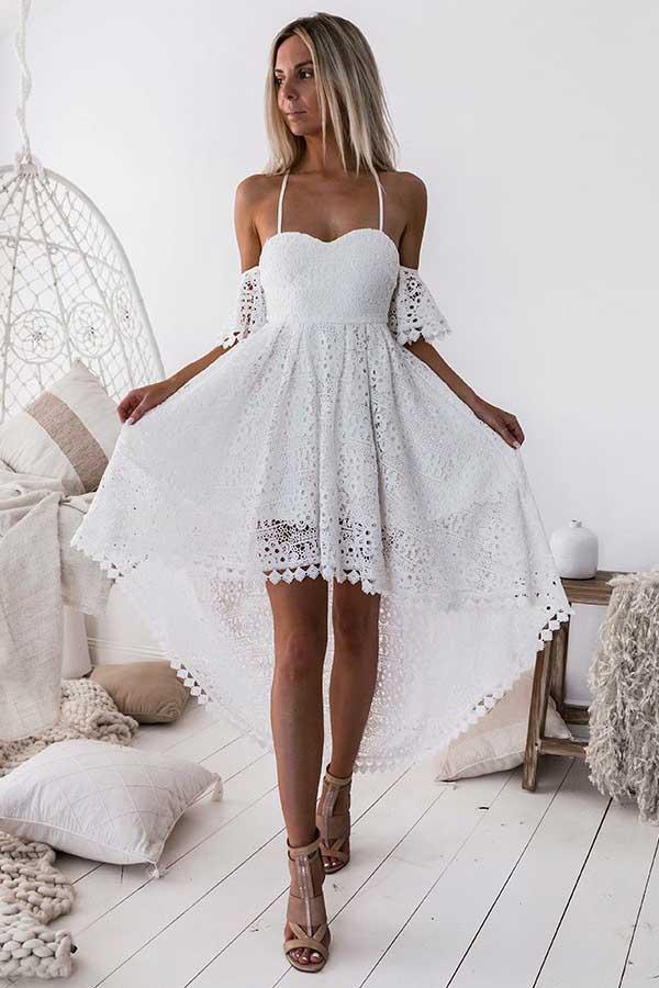 A-Line Straps Off-the-shoulder High Low Lace Homecoming Dress
