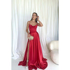 A-Line Straps Satin Pleats Lace-Up Sleeveless Party Dress