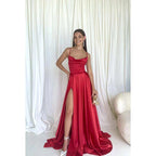 A-Line Straps Satin Pleats Lace-Up Sleeveless Party Dress