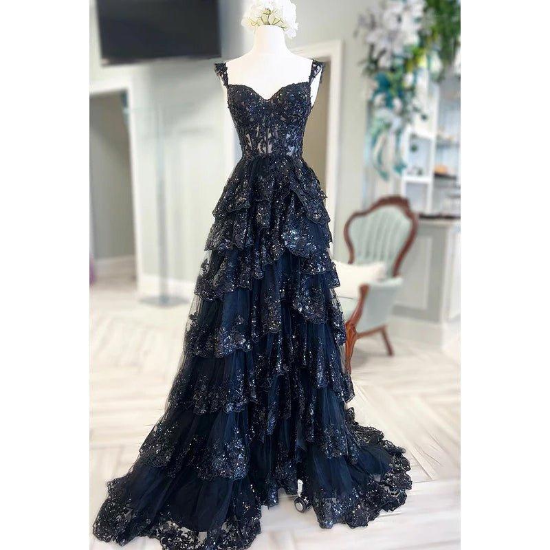 A-Line Straps Tulle Appliques Sequins Zipper-Up Sleeveless Prom Dress