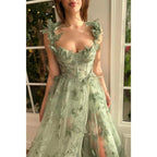 A Line Sweetheart 3d Lace Green Long Prom Dress with Slit