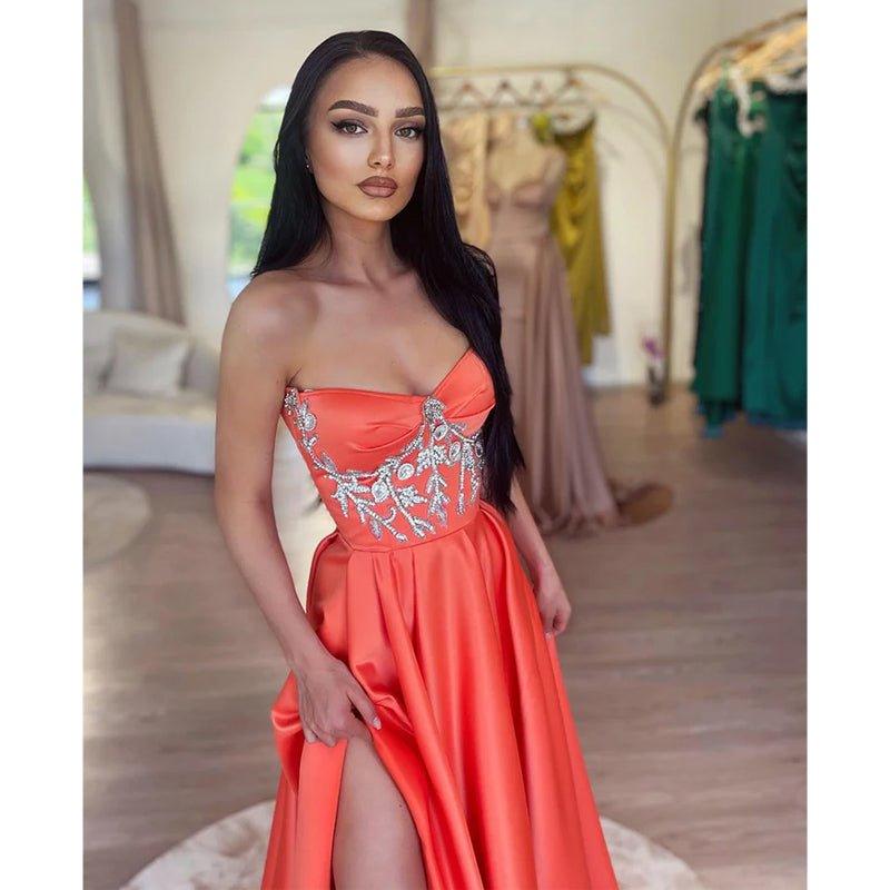 A Line Sweetheart Beads Satin Long Prom Formal Dress with Slit