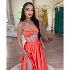 A Line Sweetheart Beads Satin Long Prom Formal Dress with Slit
