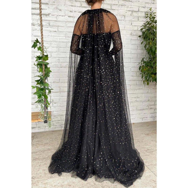 A-line Sweetheart Black Star Tulle Long Prom Dress Glitter