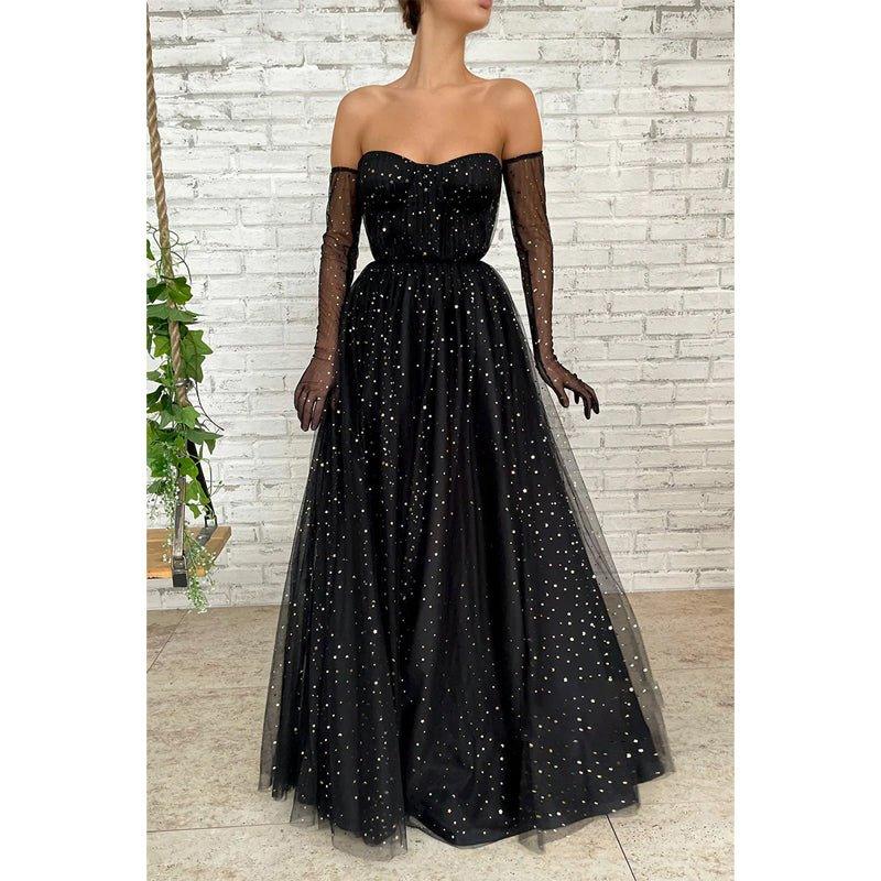 A-line Sweetheart Black Star Tulle Long Prom Dress Glitter