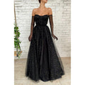 A-line Sweetheart Black Star Tulle Long Prom Dress Glitter