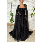 A-line Sweetheart Black Star Tulle Long Prom Dress Glitter