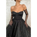 A-line Sweetheart Black Star Tulle Long Prom Dress Glitter