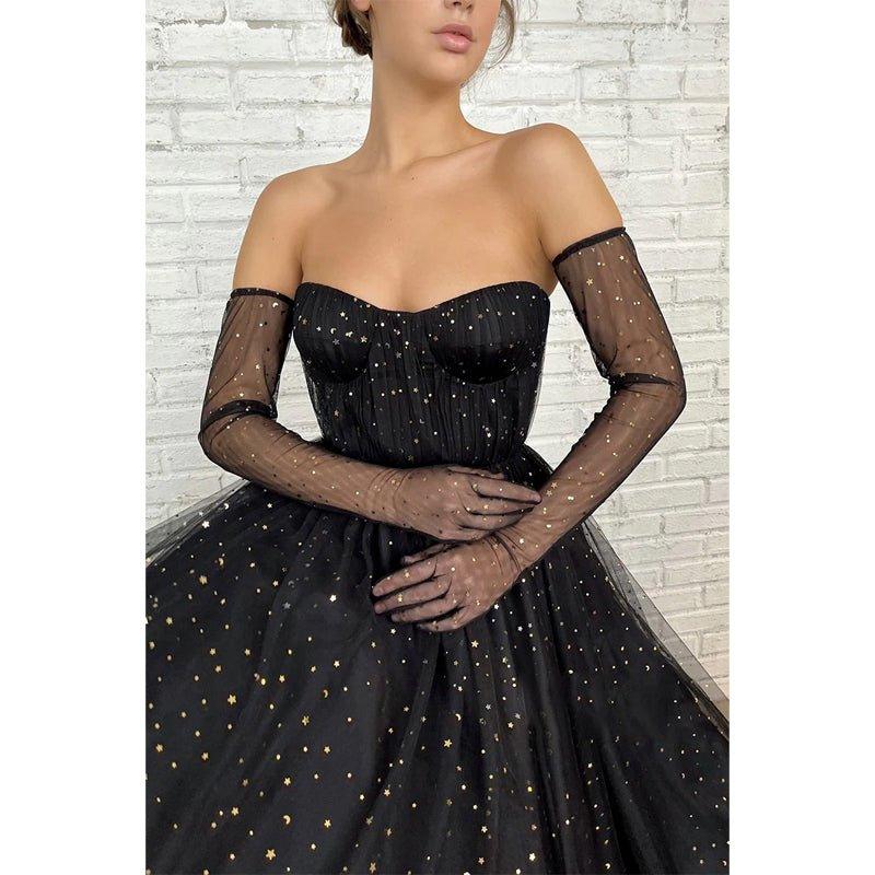 A-line Sweetheart Black Star Tulle Long Prom Dress Glitter