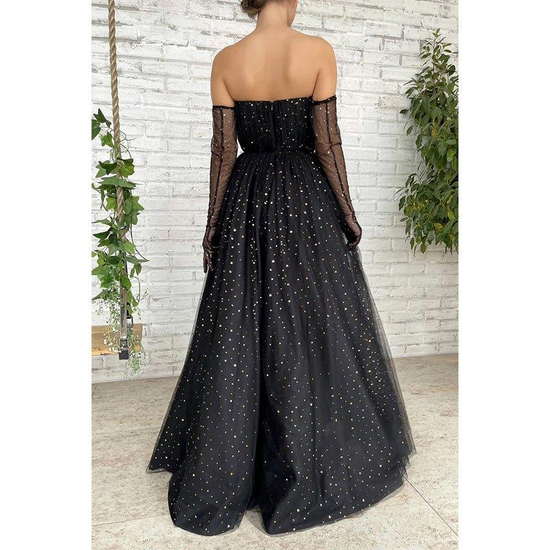 A-line Sweetheart Black Star Tulle Long Prom Dress Glitter