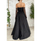 A-line Sweetheart Black Star Tulle Long Prom Dress Glitter