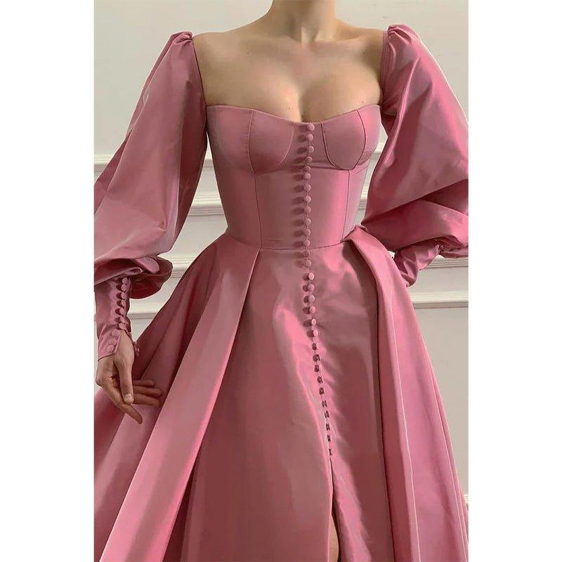 A-line Sweetheart Chic Button High Split Long Sleeves Prom Dress Formal Evening Dress