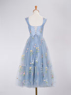 A Line Sweetheart Dusty Blue Long Prom Dress with Embroidery