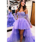 A Line Sweetheart High Low Homecoming Dress Lace Appliques Long Prom Dress