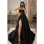 A-line Sweetheart Lace Appliques Black Long Prom Dress