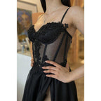 A-line Sweetheart Lace Appliques Black Long Prom Dress