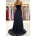 A-line Sweetheart Lace Appliques High Split Chiffon Black Formal Evening Dress