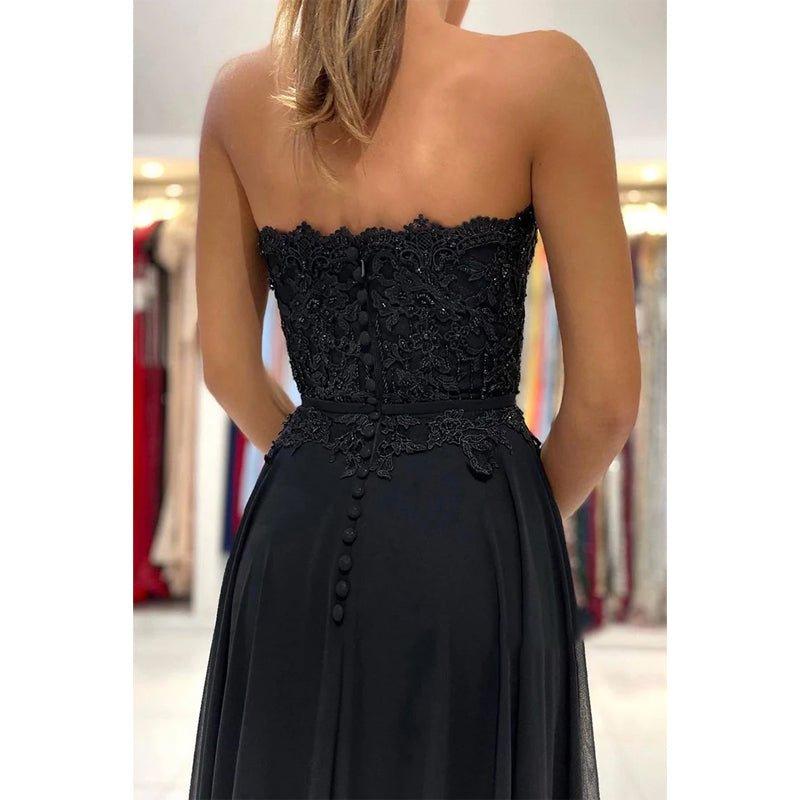 A-line Sweetheart Lace Appliques High Split Chiffon Black Formal Evening Dress