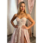 A-line Sweetheart Lace Appliques Pink Long Prom Dress