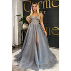 A-line Sweetheart Lace Appliques Silver Long Prom Dress with Slit