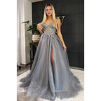 A-line Sweetheart Lace Appliques Silver Long Prom Dress with Slit