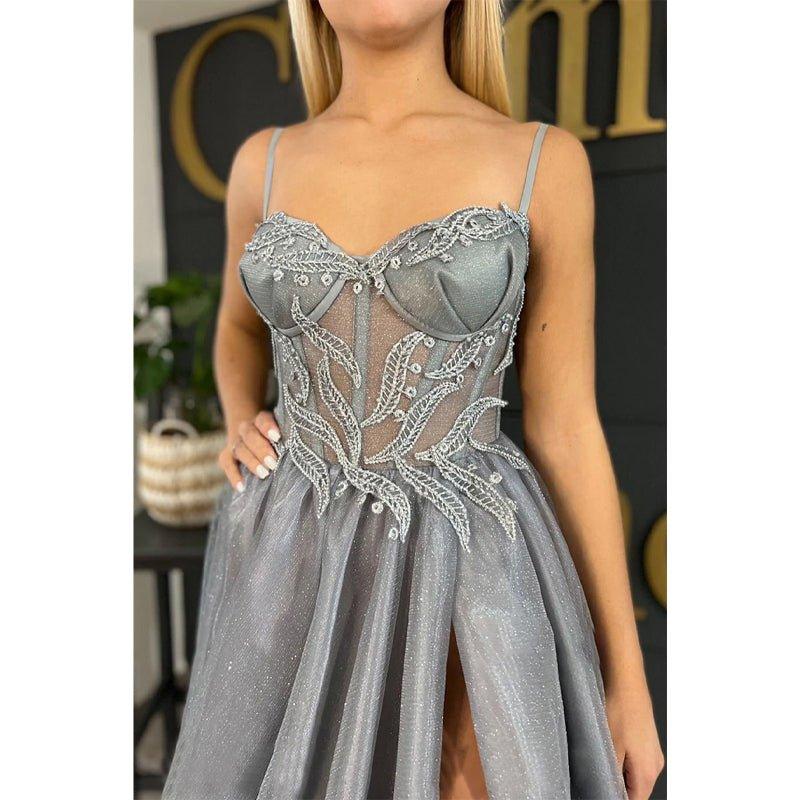 A-line Sweetheart Lace Appliques Silver Long Prom Dress with Slit