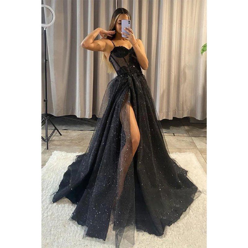 A-line Sweetheart Lace Appliques Sparkly Prom Dress with Slit