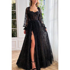 A-line Sweetheart Long Sleeves Lace Vintage Prom Dress with Slit