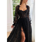 A-line Sweetheart Long Sleeves Lace Vintage Prom Dress with Slit
