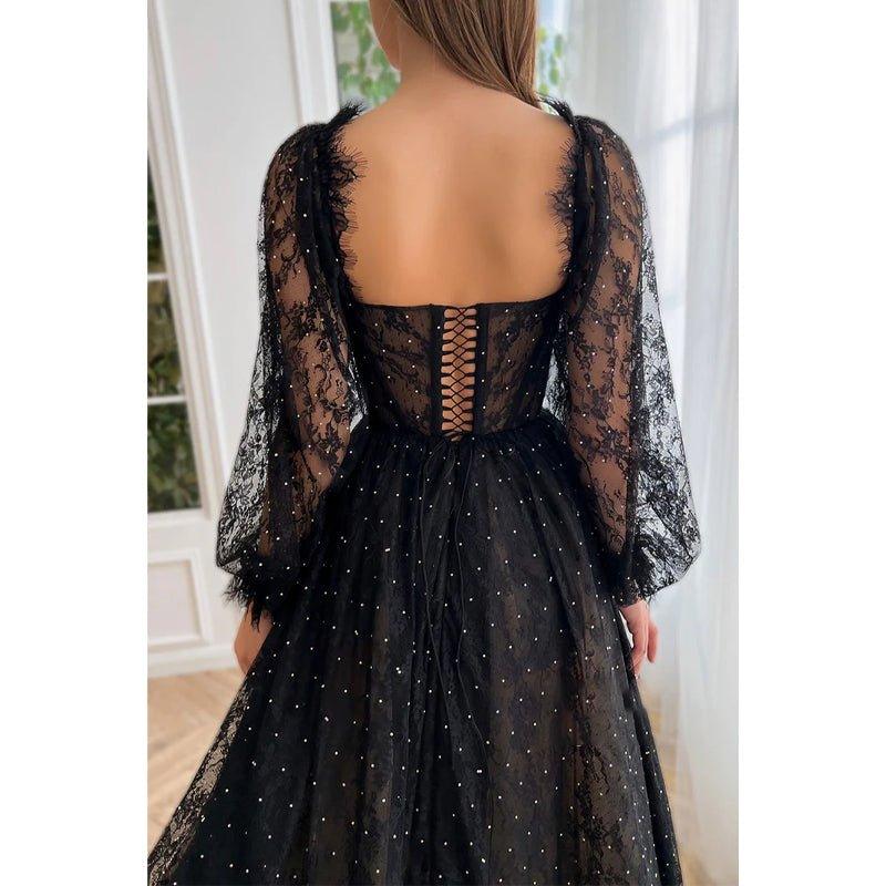 A-line Sweetheart Long Sleeves Lace Vintage Prom Dress with Slit
