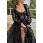 A-line Sweetheart Long Sleeves Lace Vintage Prom Dress with Slit