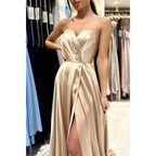 A Line Sweetheart Pleats Side Slit Long Prom Formal Dress