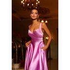 A Line Sweetheart Satin Pleated Long Prom Formal Dress with Pockets