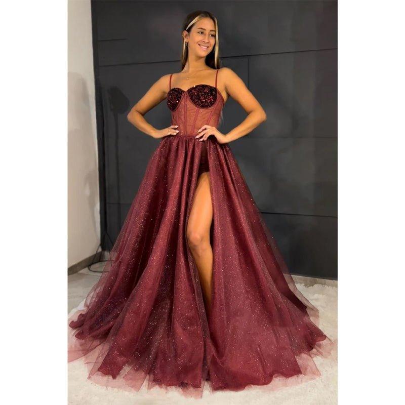 A-line Sweetheart Sequined Top Sparkly Prom Dress with Slit