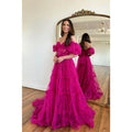 A Line Sweetheart Short Sleeves Tulle Ruffles Prom Dress Long Homecoming Cout Train