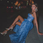 A Line Sweetheart Side Slit Tea Length Sparkly Prom Dress