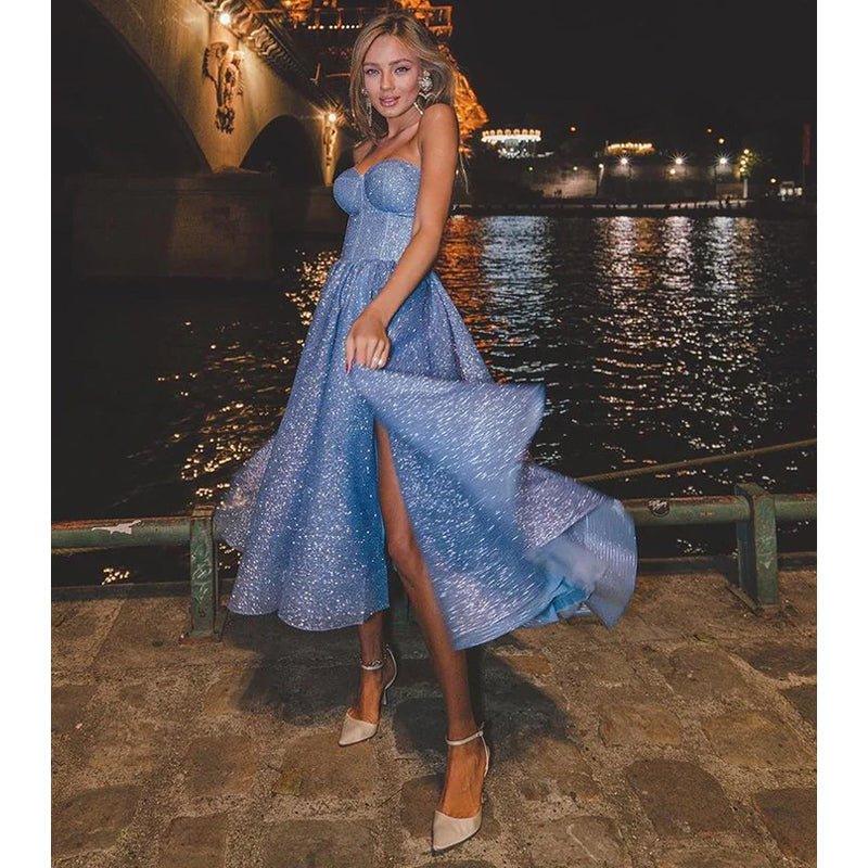 A Line Sweetheart Side Slit Tea Length Sparkly Prom Dress