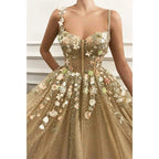 A-line Sweetheart Sparkle Tulle Appliques Long Prom Dress Formal Evening Gowns