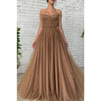 A-line Sweetheart Sparkly Tulle Long Prom Dress with Pockets