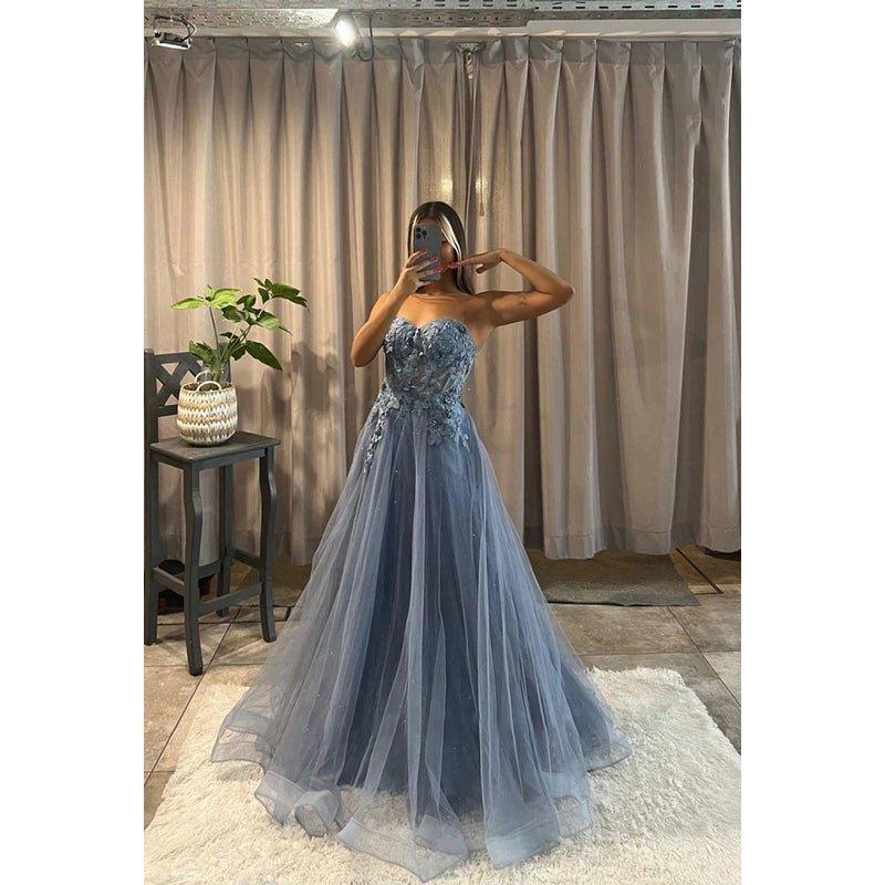 A-Line Sweetheart Tulle Appliques Sleeveless Prom Evening Formal Dress