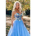 A-Line Sweetheart Tulle Beaded Sleeveless Prom Evening Formal Dress