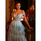 A Line Sweetheart Tulle Tiered Long Prom Formal Dresses