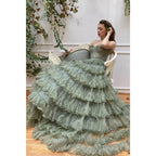 A-line Sweetheart Tulle Tiered Long Senior Formal Evening Gowns Prom Dress