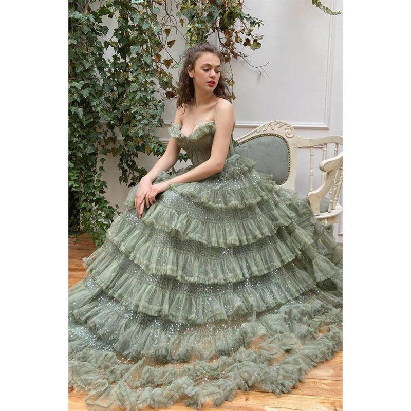 A-line Sweetheart Tulle Tiered Long Senior Formal Evening Gowns Prom Dress