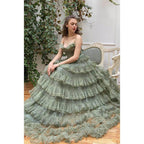 A-line Sweetheart Tulle Tiered Long Senior Formal Evening Gowns Prom Dress