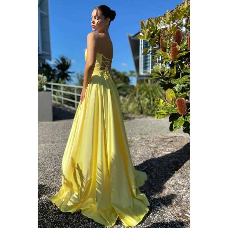A-line Sweetheart Yellow Long Simple Prom Dress with Pockets
