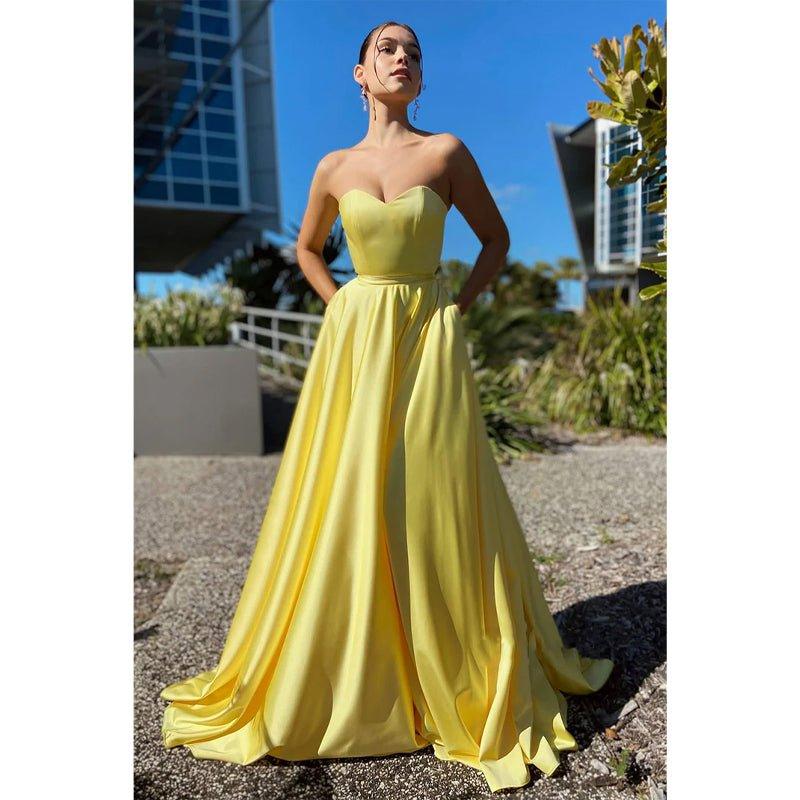 A-line Sweetheart Yellow Long Simple Prom Dress with Pockets