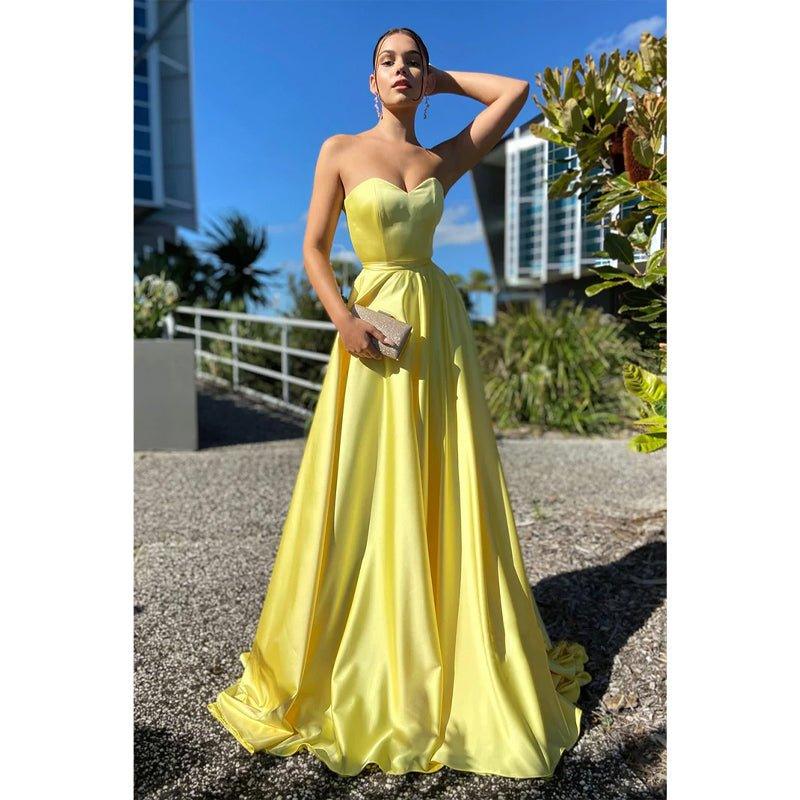 A-line Sweetheart Yellow Long Simple Prom Dress with Pockets