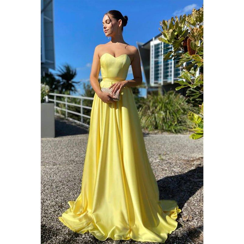 A-line Sweetheart Yellow Long Simple Prom Dress with Pockets