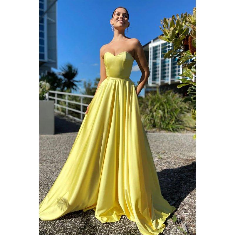 A-line Sweetheart Yellow Long Simple Prom Dress with Pockets